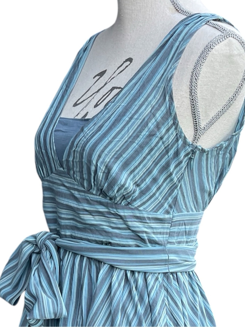 Banana Republic Aqua/Blue Stripe Cotton V-Neck Tie Waist A-Line Midi Dress (4) - Picture 6 of 16